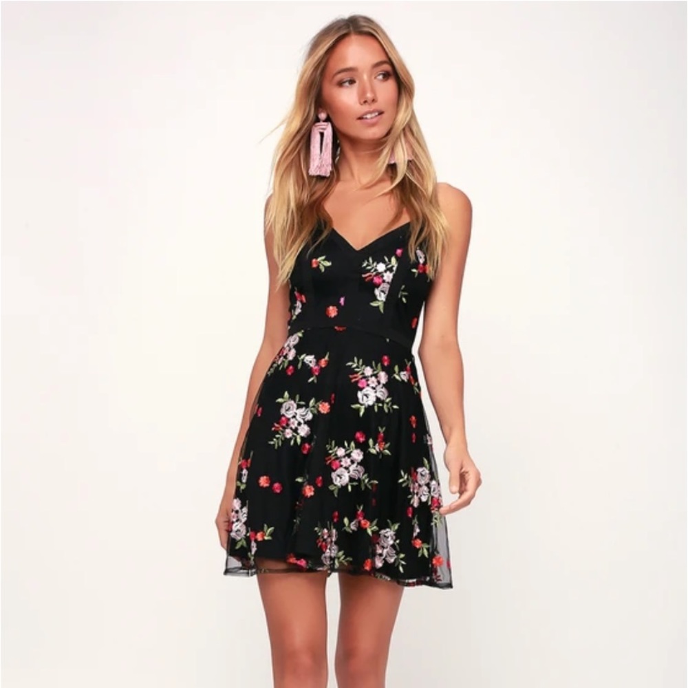 Lulu’s Favorite Fleur Black Mesh Floral Embroidered Skater Dress Sz L NWT